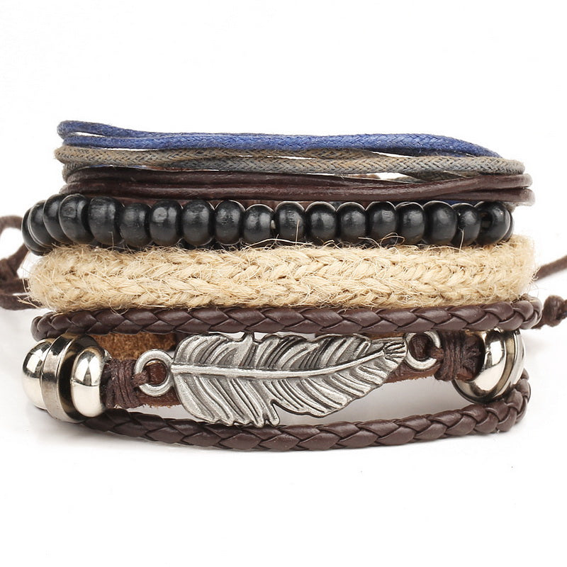 GA - 4 Pcs Retro Leather and Beads Bracelet Set