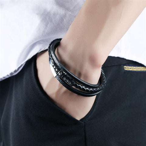 GA - Triple Leather and Stainless Steel Bracelet