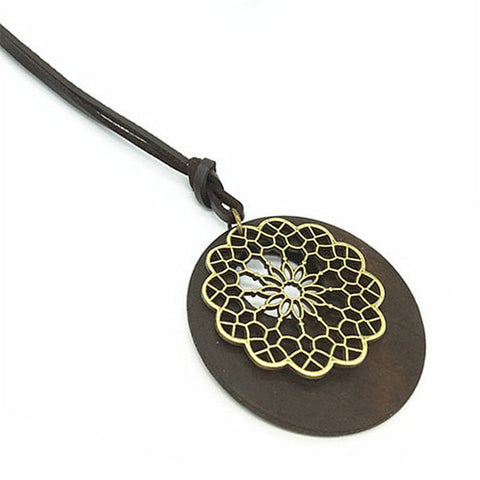 GA - Vintage Wood and Pendant Necklace