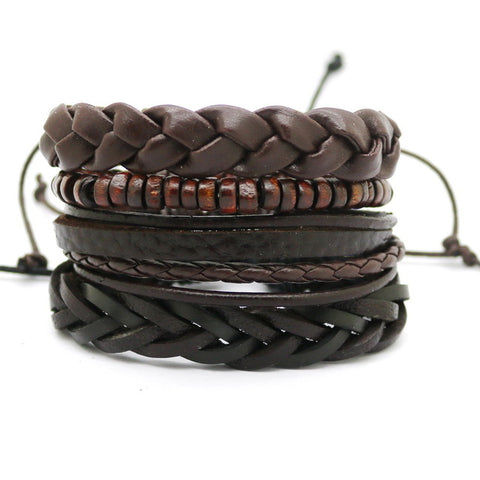 GA - 4 Pcs Retro Leather and Beads Bracelet Set