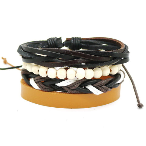 GA - 4 Pcs Retro Leather and Beads Bracelet Set